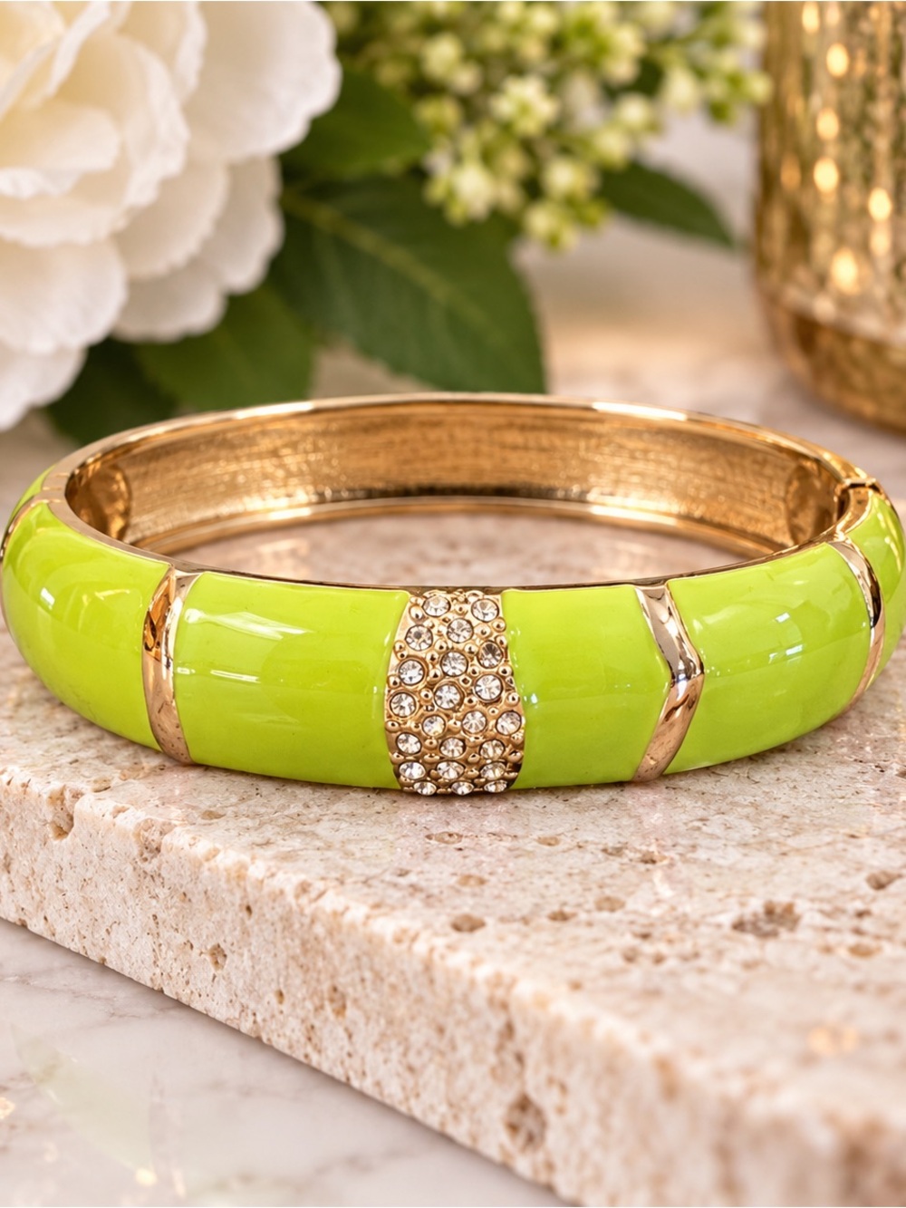 NWOT Lime Green Enamel Gold Tone Crystal Pavé Statement Bangle Bracelet